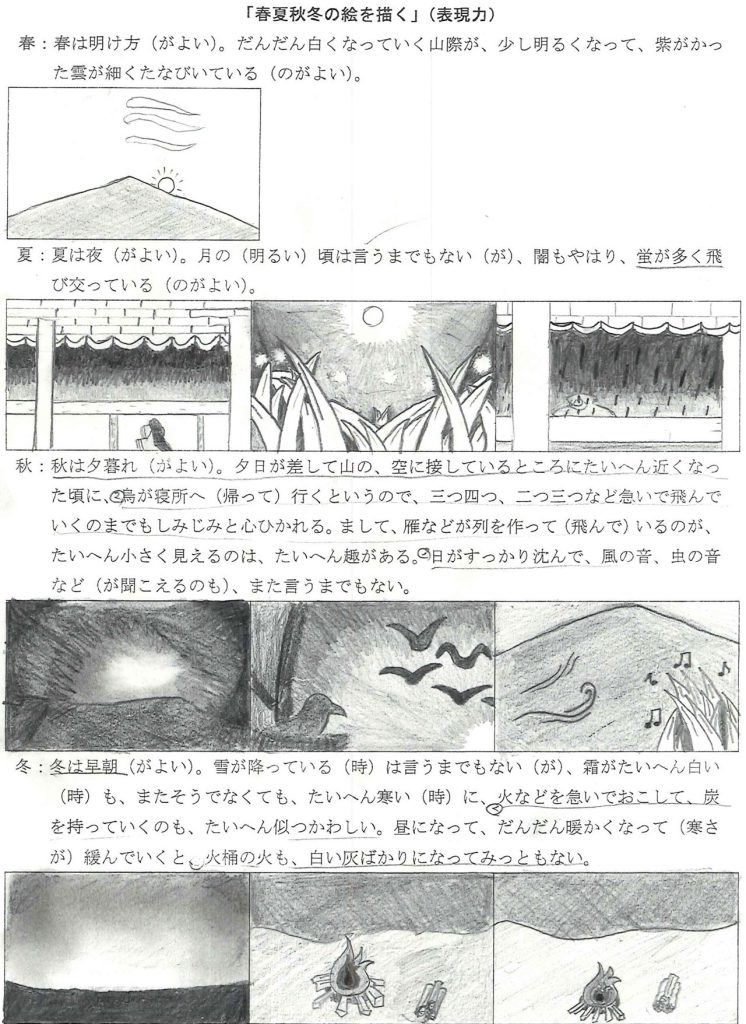 【中2】古典の授業「枕草子」からの情景を絵に